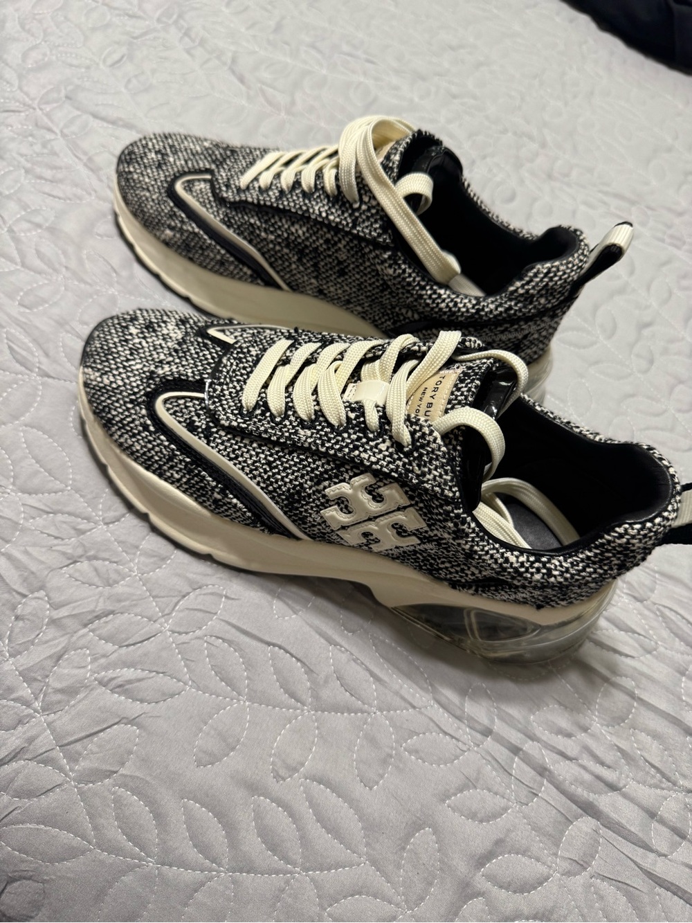 Tory Burch Women’s Black and Cream Knit Logo Lace-Up Sneakers